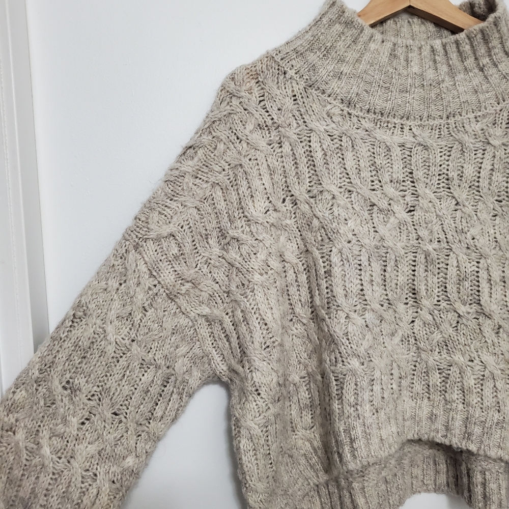 Crescent Large Oversized Cropped Sweater mohair Grey Cable Knit Boxy Turtleneck